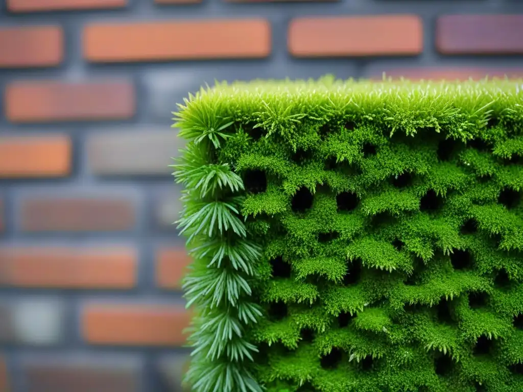 Un muro de ladrillos cubierto de musgo verde vibrante en un entorno urbano, mostrando la belleza de la naturaleza en la ciudad