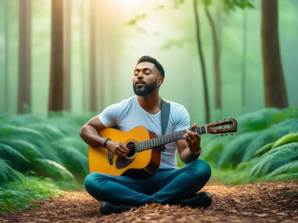 Un músico en el bosque, fusionando sonidos naturaleza en su guitarra, creando armonía