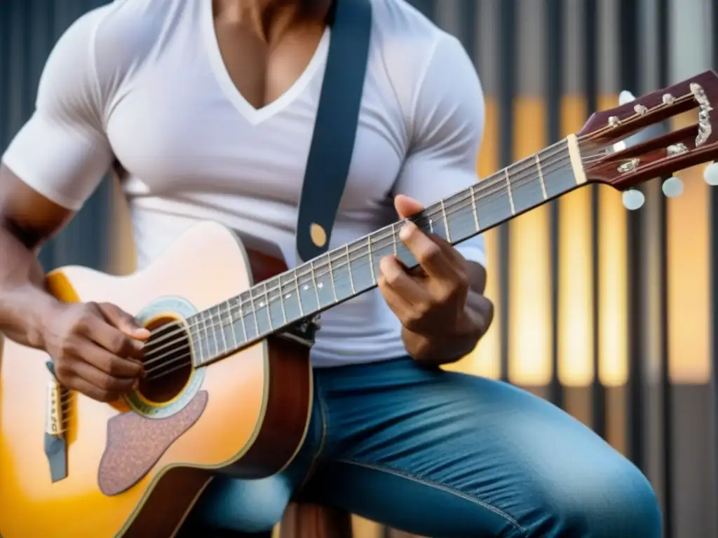 Un músico tocando una guitarra de materiales reciclados, destacando detalles intrincados