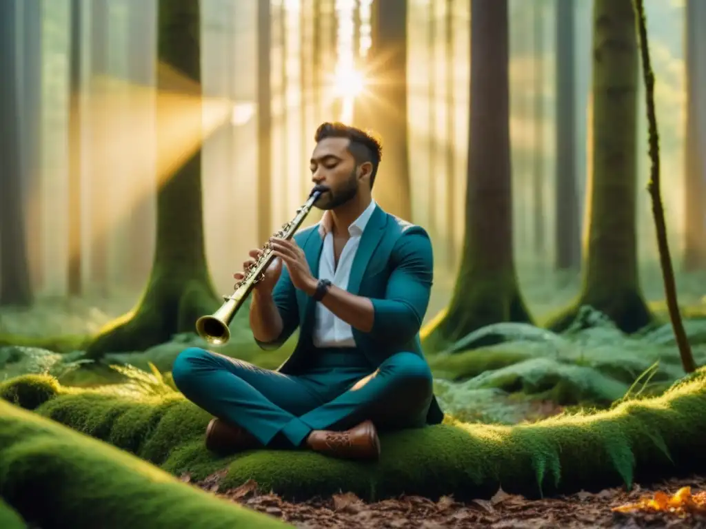 Un músico solitario tocando una flauta en un bosque, con luz dorada filtrándose entre los árboles