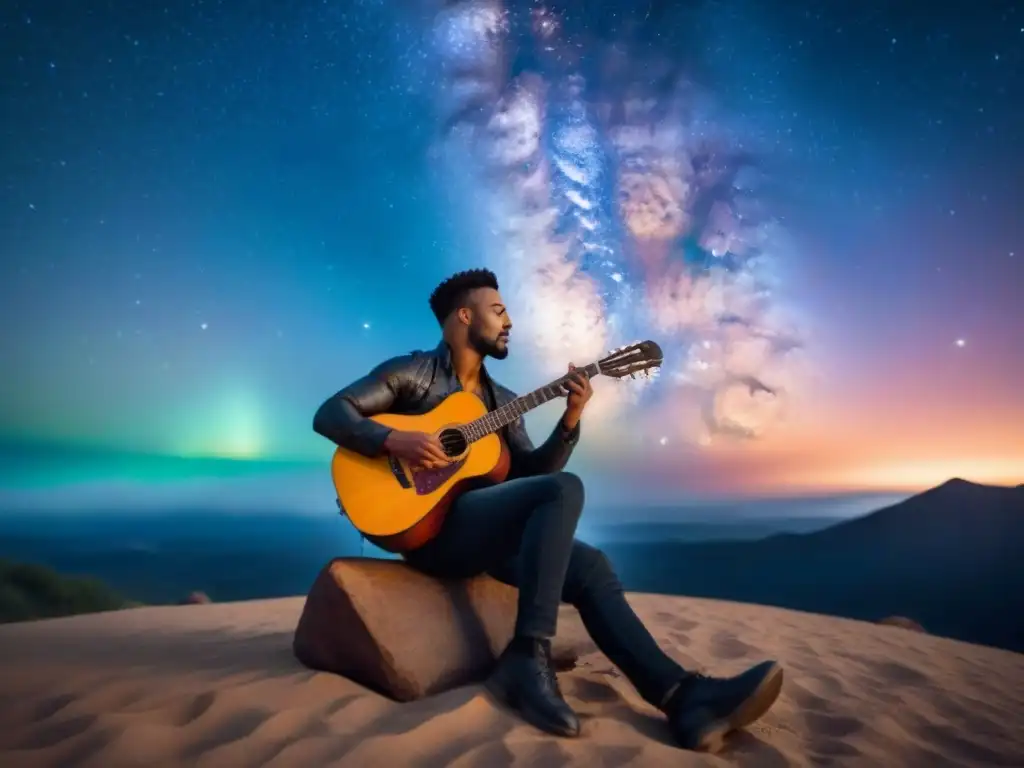 Un músico solitario tocando guitarra bajo un cielo estrellado con la Vía Láctea de fondo, iluminado por una fogata