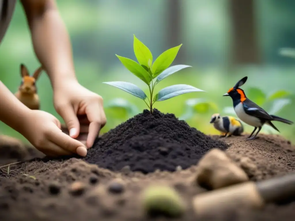 Niño plantando árbol en bosque verde, rodeado de animales