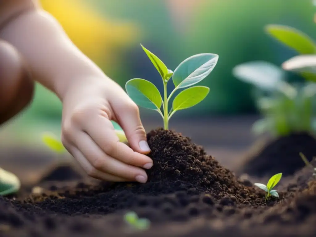 Un niño plantando un árbol en un jardín ecológico, reflejando el Estilo de vida Zero Waste para niños