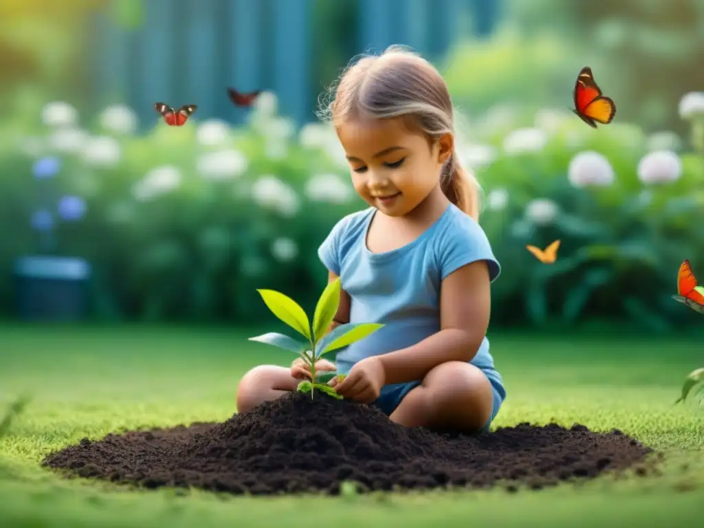 Niño plantando árbol en jardín con flores y mariposas, fomentando crianza sostenible zero waste