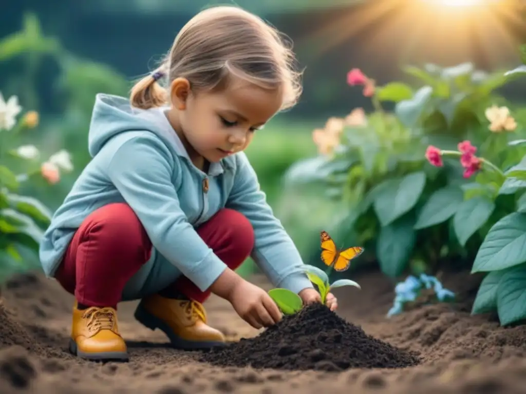 Niño plantando árbol: cuidando la naturaleza Niño en jardín plantando árbol con moda sostenible, valores ecológicos