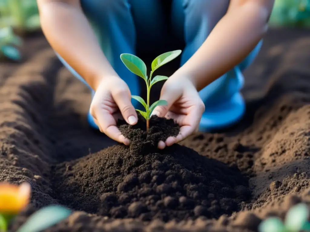 Un niño planta un árbol en un jardín verde y floreciente, rodeado de mariposas