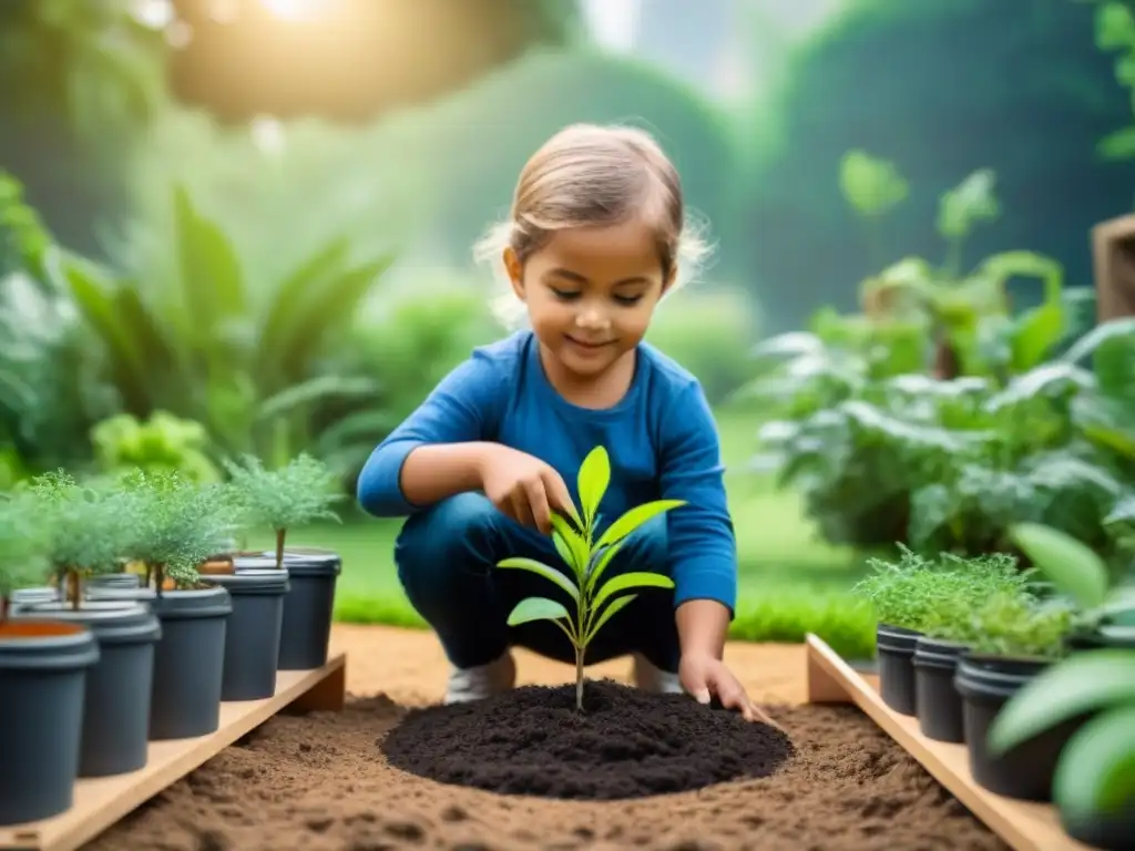 Un niño plantando un árbol en un jardín verde rodeado de materiales reciclados