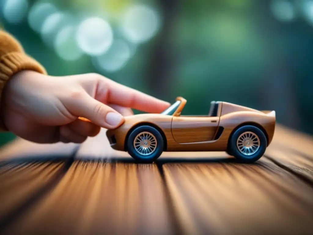 Un niño alcanza un carro de madera segura con detalles naturales, evitando riesgos químicos en juguetes