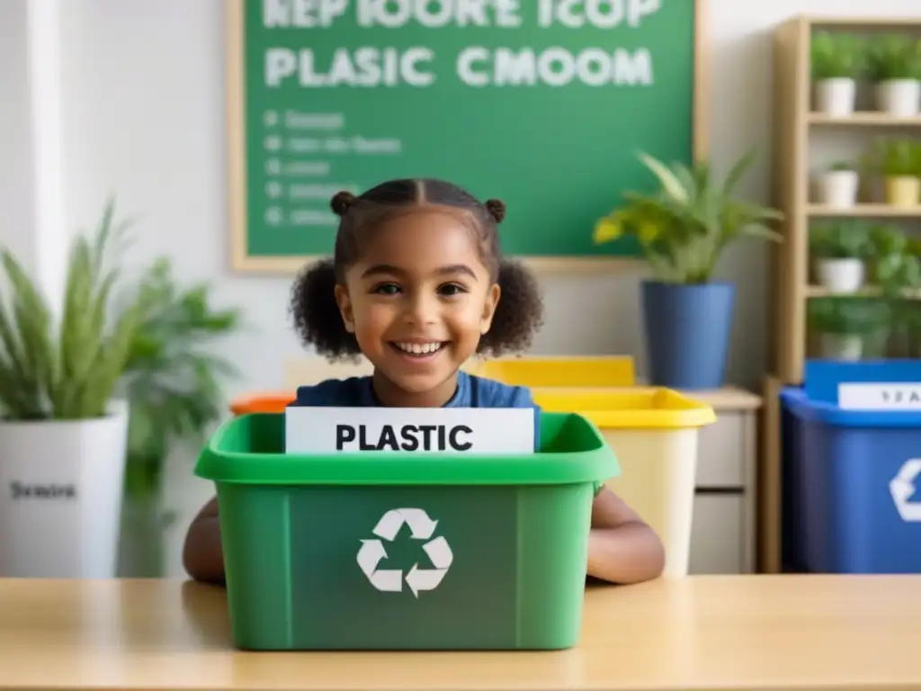 Un niño feliz recicla en aulas eco, promoviendo 'Importancia educación ambiental estilo zero waste'