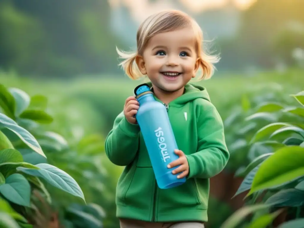 Un niño feliz sostiene una botella reutilizable rodeado de plantas y símbolos de reciclaje