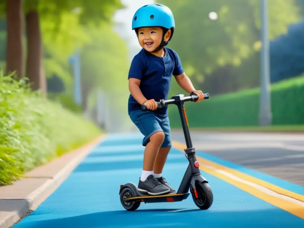 Un niño feliz en scooter eléctrico azul, equipado con casco y rodilleras, en una acera colorida