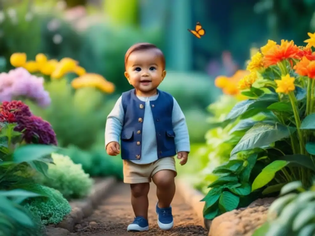 Niño feliz jugando en jardín ecológico con flores y mariposas Un niño feliz juega en un jardín con flores coloridas y mariposas, vistiendo moda sostenible en un entorno ecológico