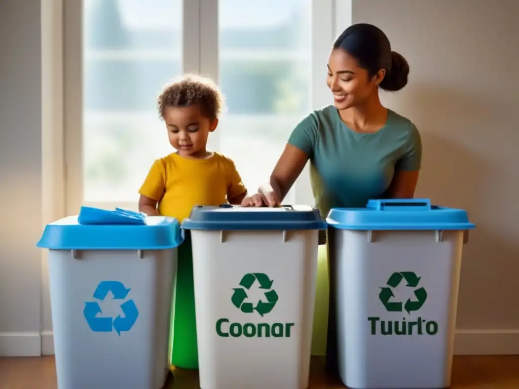 Un niño feliz clasifica reciclables en diferentes contenedores, con luz natural