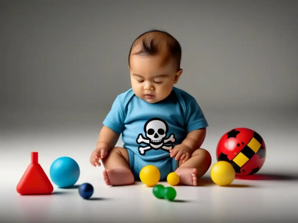 Un niño juega con un juguete rodeado de señales de riesgos químicos, resaltando la importancia de conocerlos en juguetes