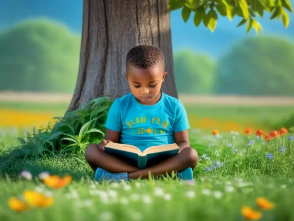 Un niño leyendo un libro verde en un campo florido