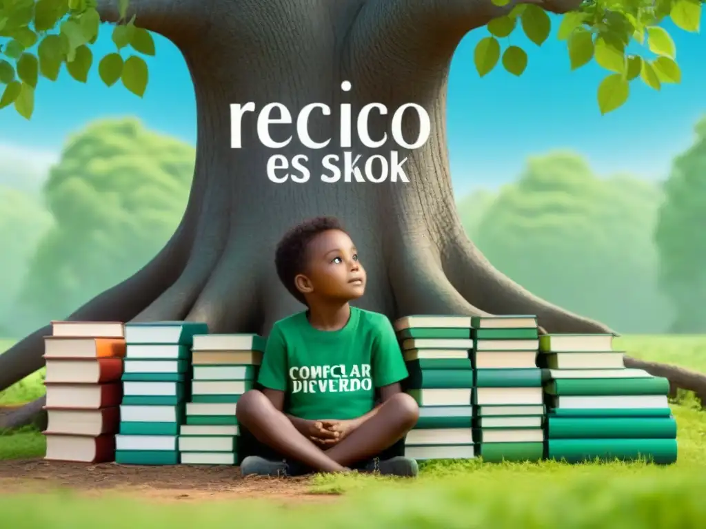 Un niño en armonía con la naturaleza leyendo libros verdes sobre medio ambiente