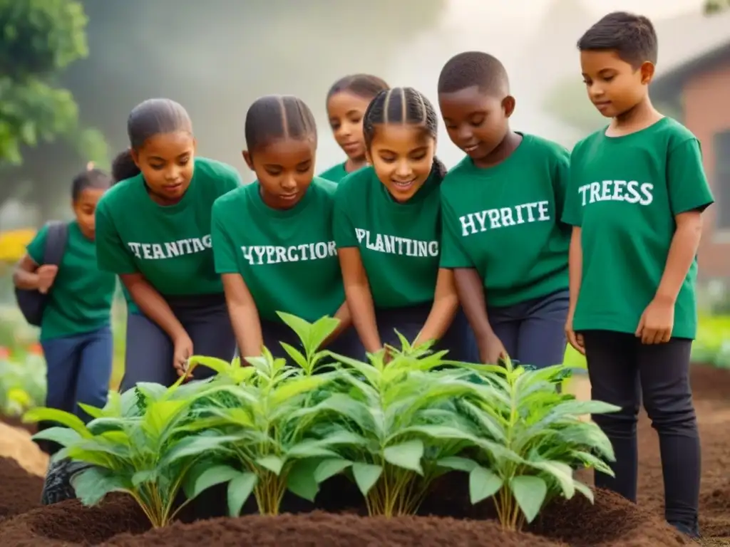 Niños plantando árboles en escuela sostenible, con camisetas ecológicas