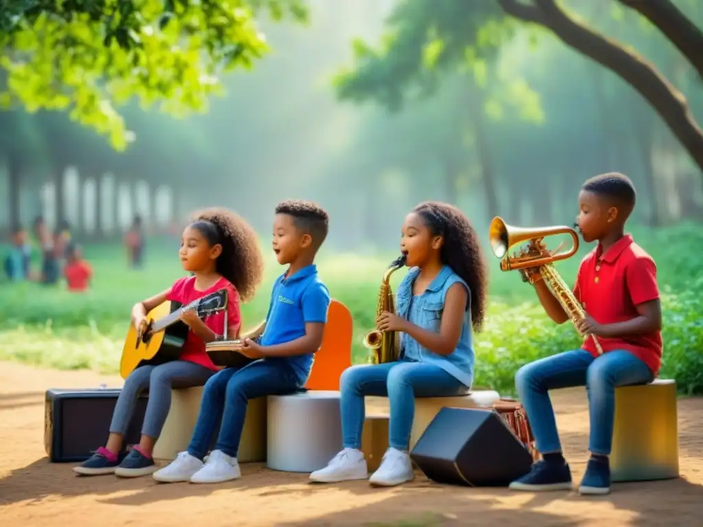 Niños en clase de música al aire libre entre árboles y instrumentos reciclados, irradiando armonía y conciencia ecológica