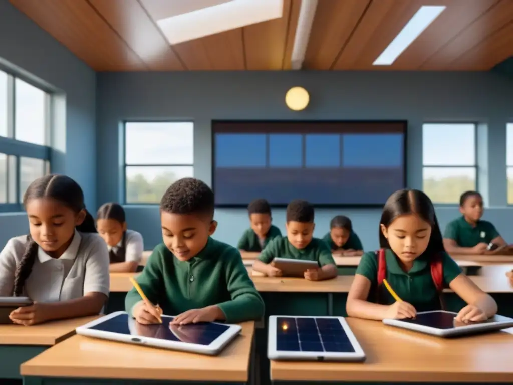 Niños descubriendo la energía solar en un aula con paneles solares