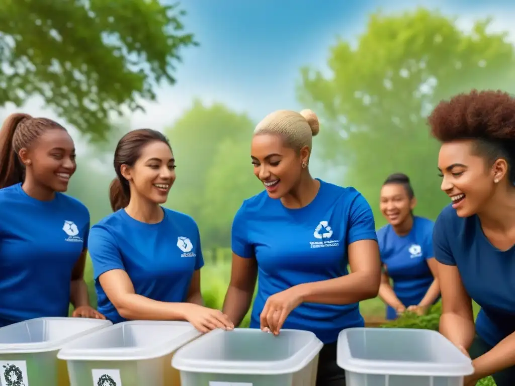 Niños de diversas etnias y géneros reciclando en un taller al aire libre, fomentando la educación ambiental en las escuelas