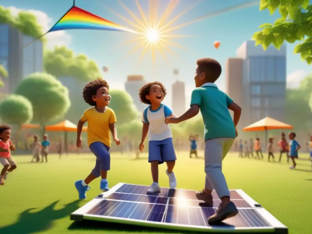 Niños felices disfrutando de actividades al aire libre bajo el sol, aprendiendo sobre energía solar