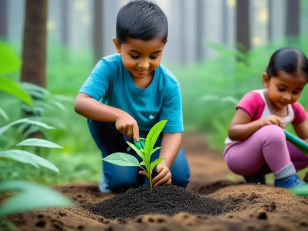 Niños felices plantando árboles en un bosque verde, destacando la importancia de las actividades sostenibles para niños