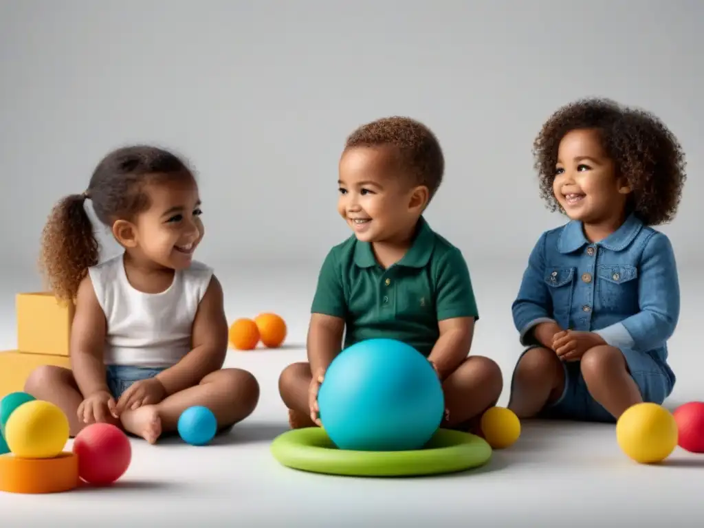 Niños felices jugando con juguetes circulares de materiales reciclados, en un modelo de economía circular juguetes