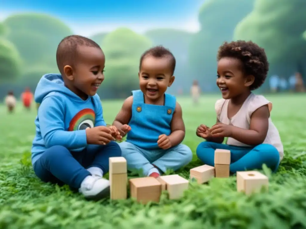 Niños felices jugando con juguetes ecológicos en un parque