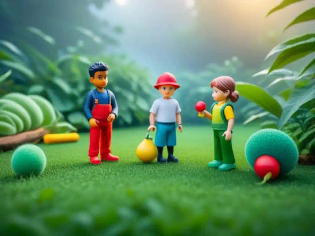 Niños felices juegan con juguetes ecológicos en un jardín vibrante y verde