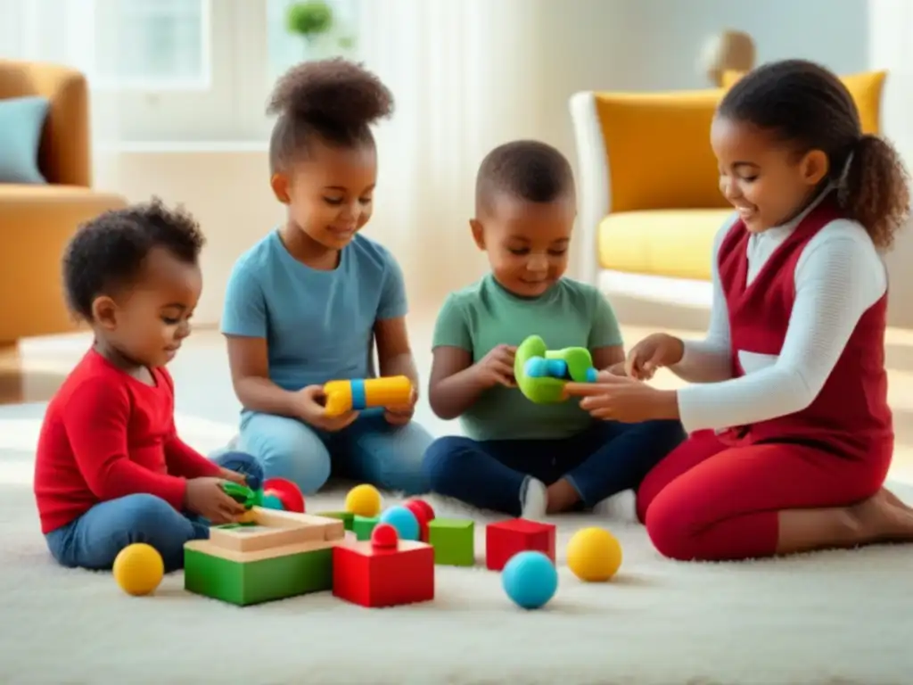 Niños felices disfrutando con juguetes ecológicos en una habitación luminosa y colorida