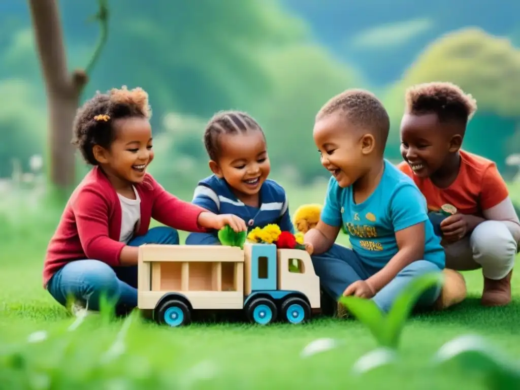 Niños felices disfrutando de juguetes ecológicos en un parque soleado