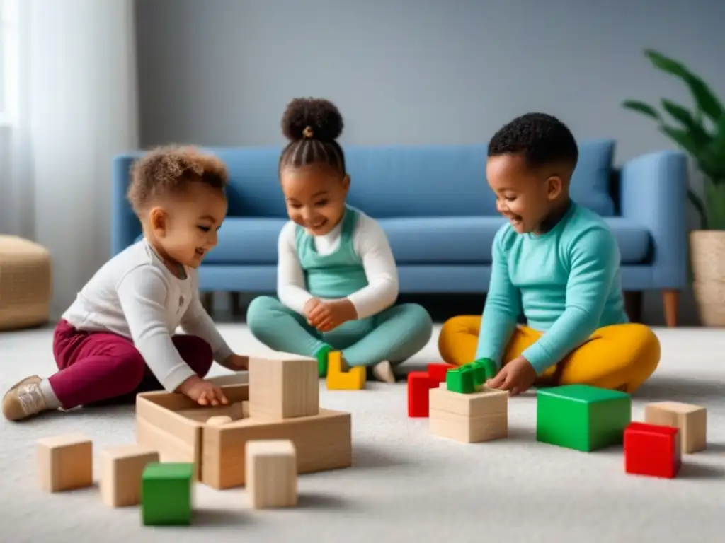 Niños felices juegan con juguetes ecológicos en habitación luminosa