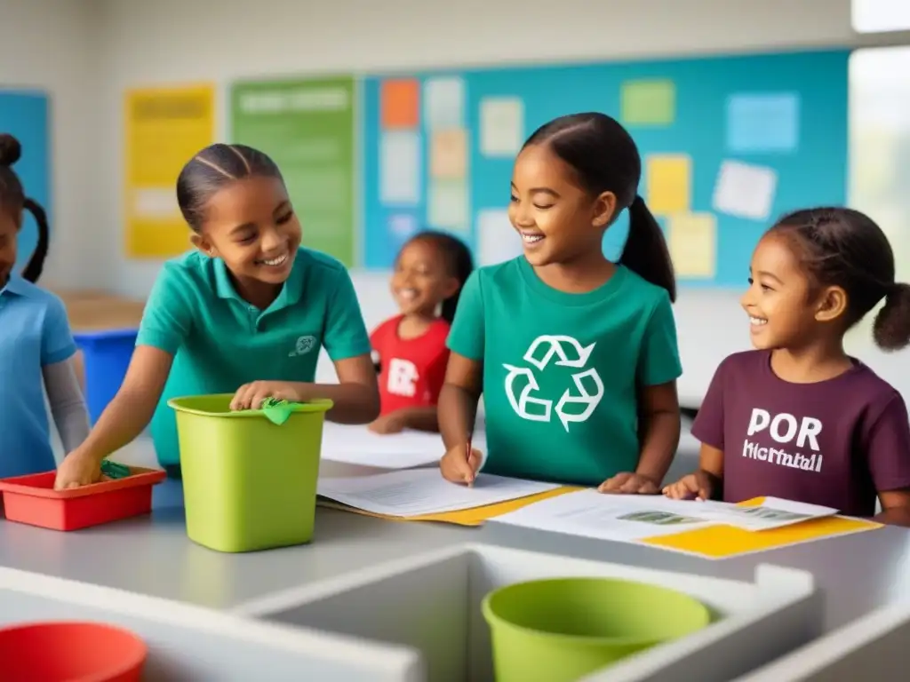 Diversos niños felices reciclando juntos en un aula moderna y luminosa