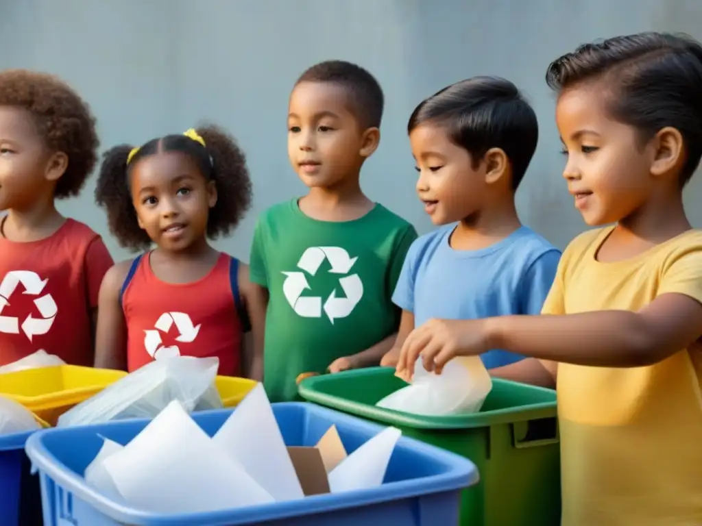 Niños felices aprendiendo principios reciclaje materiales educativos con entusiasmo en actividad de reciclaje