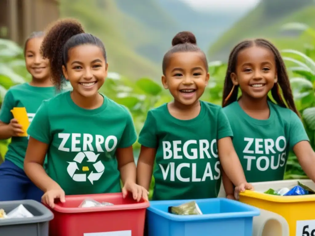 Niños felices participando en taller Zero Waste, clasificando reciclables