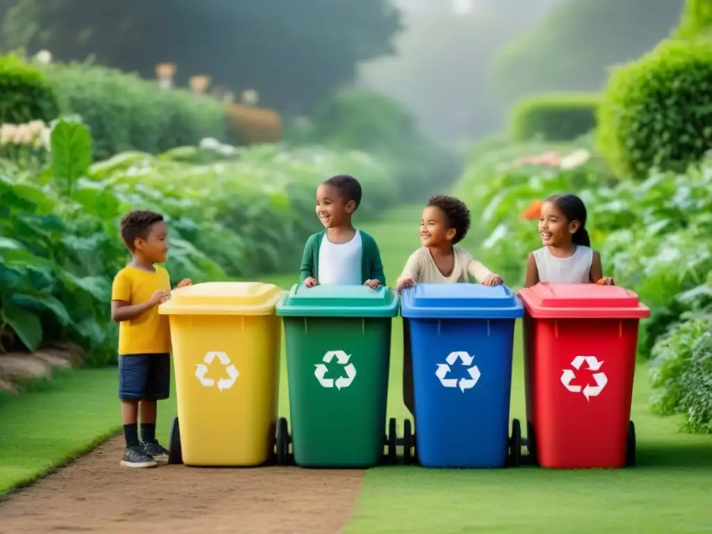 Niños aprendiendo principios reciclaje con materiales educativos en jardín comunitario colorido