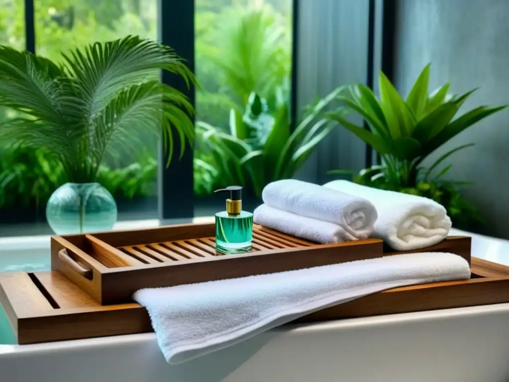 Un oasis de baño sostenible con bañera moderna, plantas verdes y luz suave