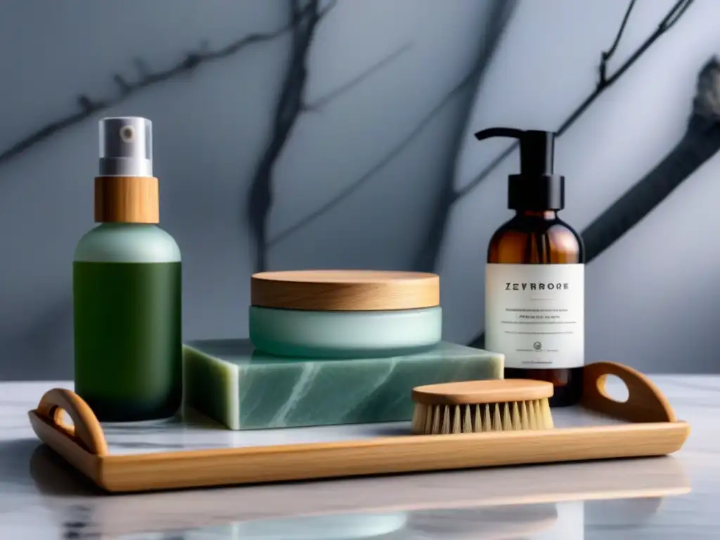 Accesorios de belleza sostenible: lujo ecológico para tu piel Un oasis de belleza sostenible zero waste: accesorios eco-lujosos en un elegante tocador de baño minimalista