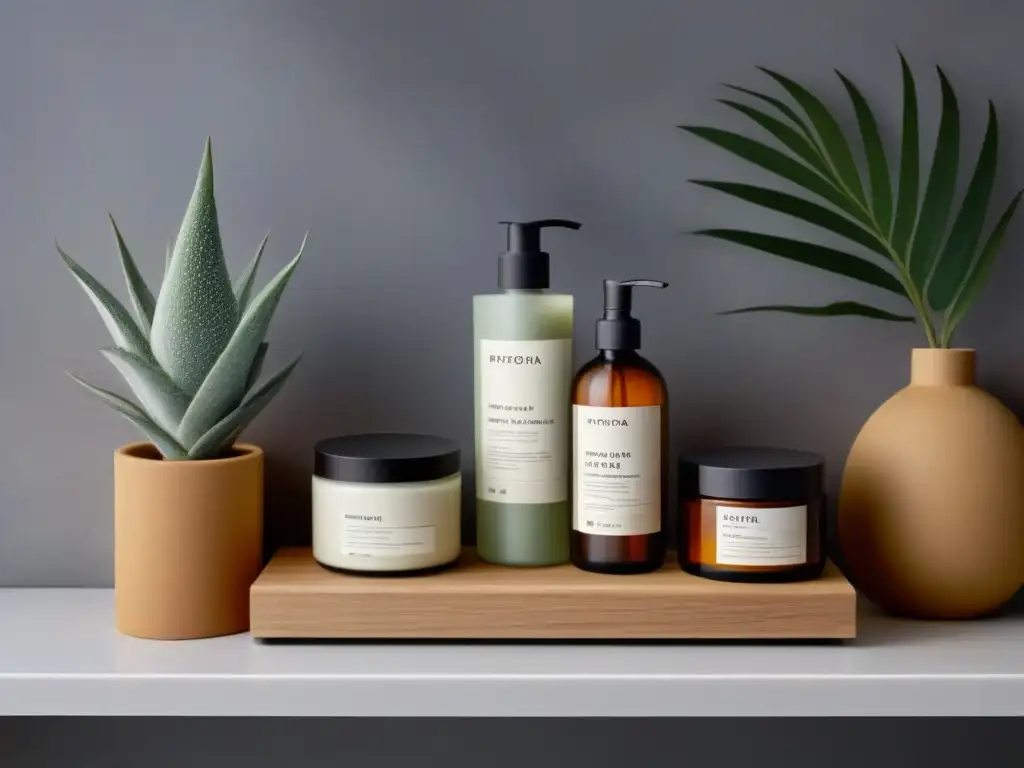 Un oasis de belleza sostenible en un estante de baño ecofriendly con productos de cosmética zero waste