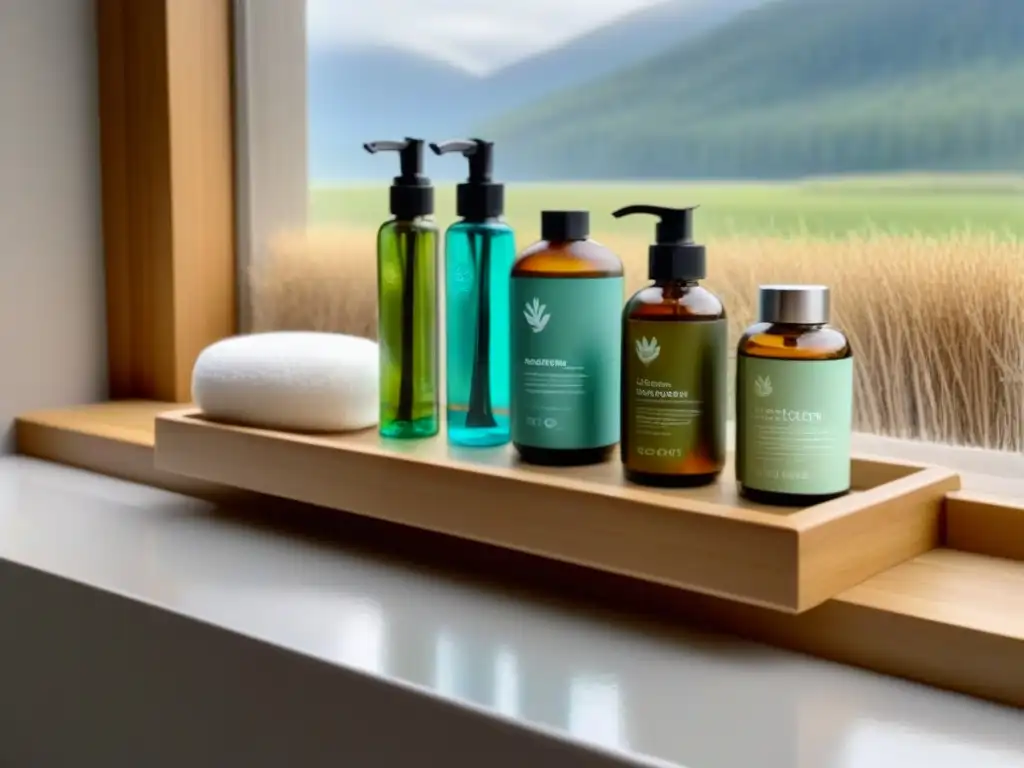 Un oasis de cuidado personal zero waste: productos envasados en vidrio y packaging minimalista en un estante de baño moderno y elegante