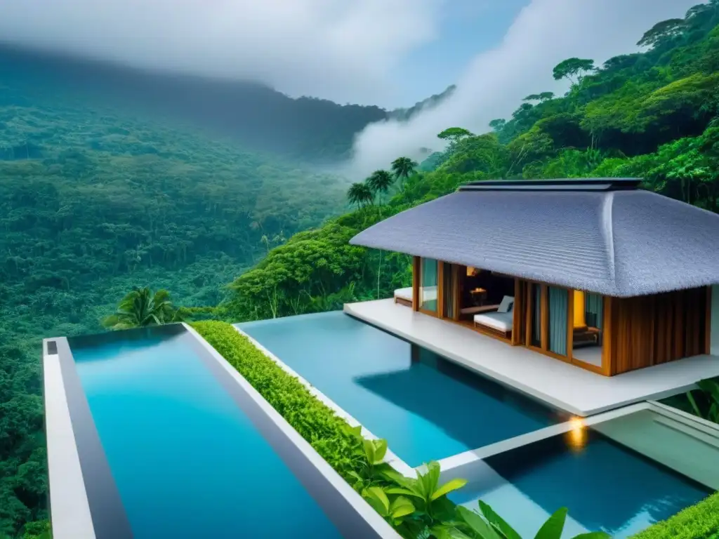 Un oasis ecológico de lujo en la selva tropical, mostrando arquitectura minimalista y bungalows sostenibles en perfecta armonía