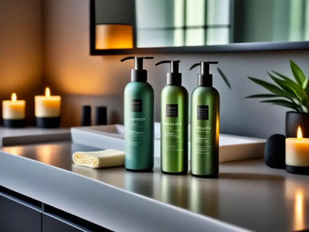Un oasis de lujo: Exfoliantes ecofriendly de alta gama en un elegante baño, iluminados por una suave luz natural