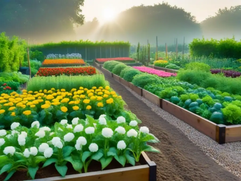 Un oasis de serenidad y belleza en un huerto comunitario con camas elevadas repletas de flores y vegetales coloridos, rodeado de exuberante vegetación