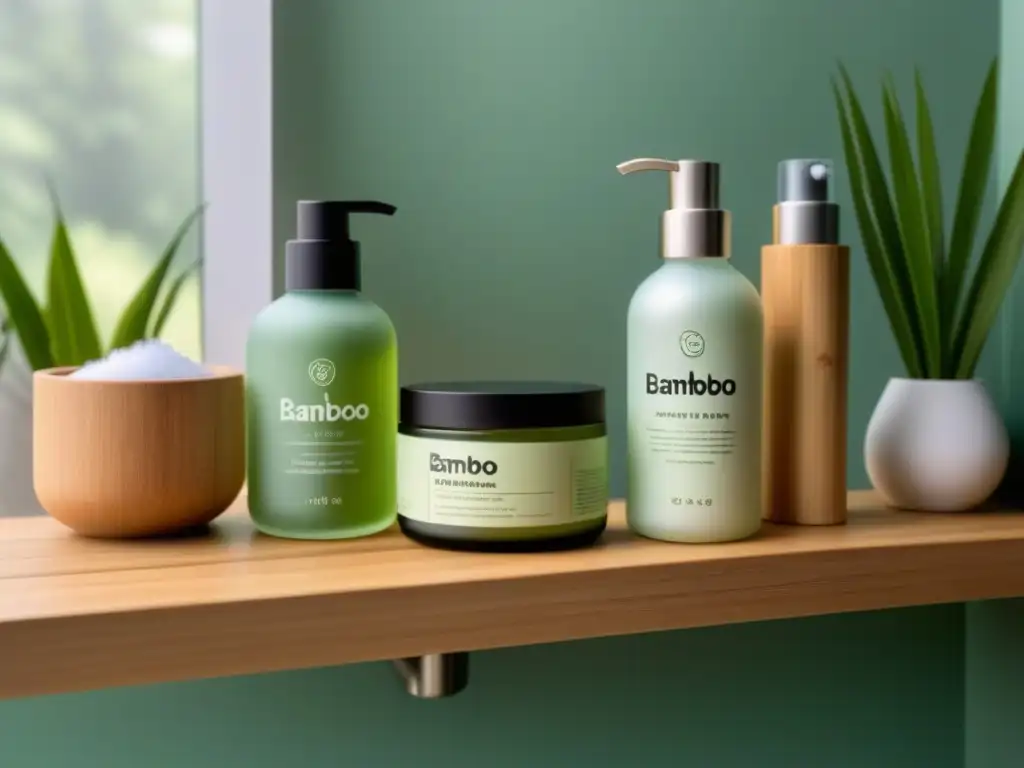 Un oasis de serenidad y sostenibilidad en un baño minimalista con productos ecofriendly, reflejando la reducción de residuos