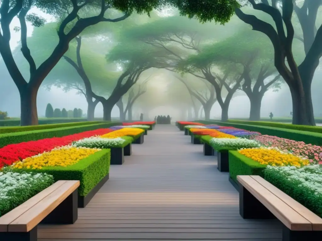 Un oasis de serenidad y sostenibilidad en un parque verde con árboles, arbustos y flores coloridas