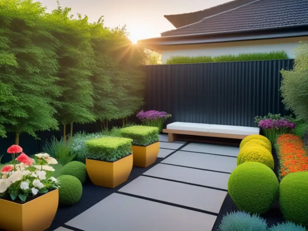 Un oasis sostenible de jardinería zero waste en casa: jardín verde y colorido con elementos ecofriendly al atardecer