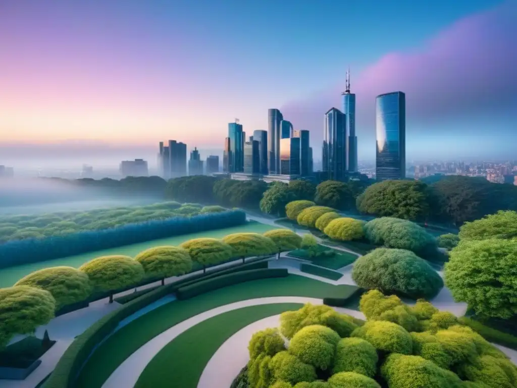 Un oasis urbano sostenible al atardecer, con modernos rascacielos iluminados y un parque urbano exuberante