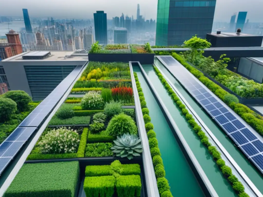 Edificio verde sostenible en entorno urbano vivo Un oasis verde en la ciudad: edificio sostenible con diversidad de plantas, paneles solares y habitantes urbanos felices