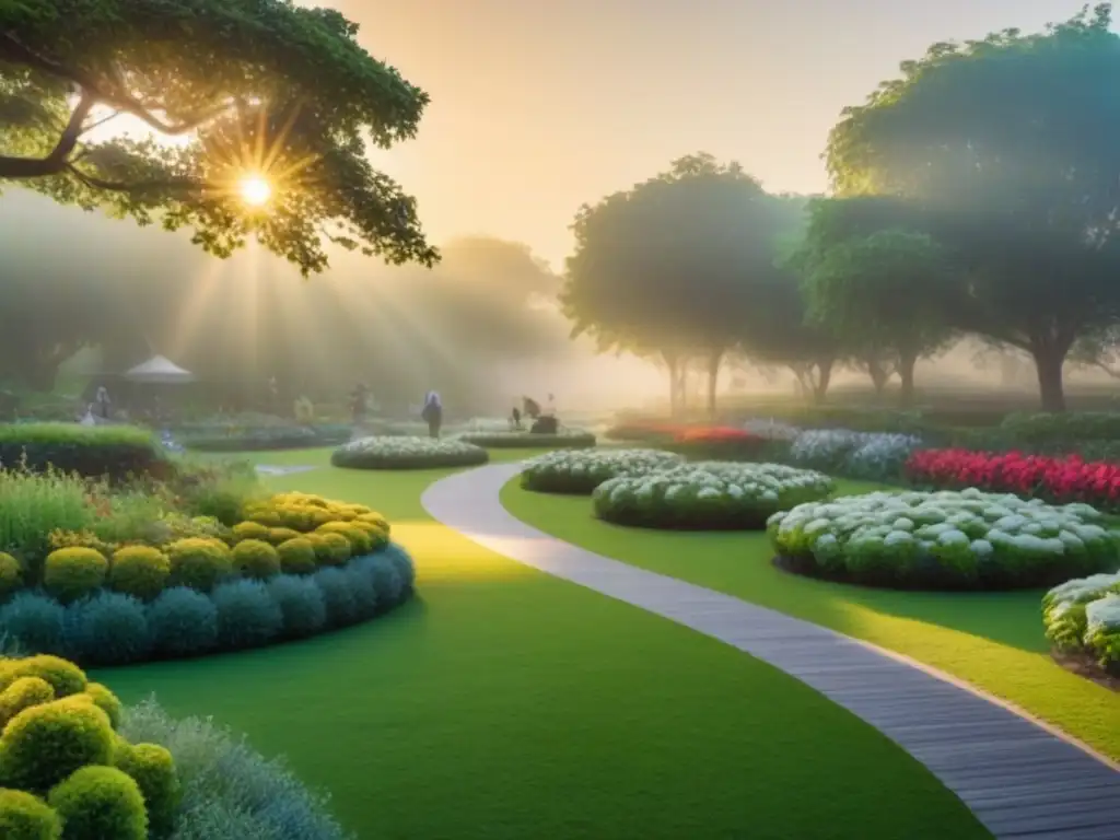 Un oasis de vida sostenible en un parque verde vibrante, donde se practican actividades saludables