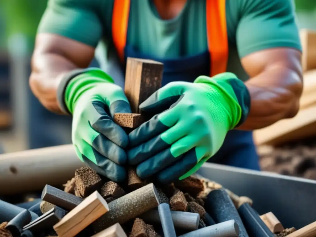 Un obrero selecciona materiales de construcción, destacando la sostenibilidad con guantes verdes